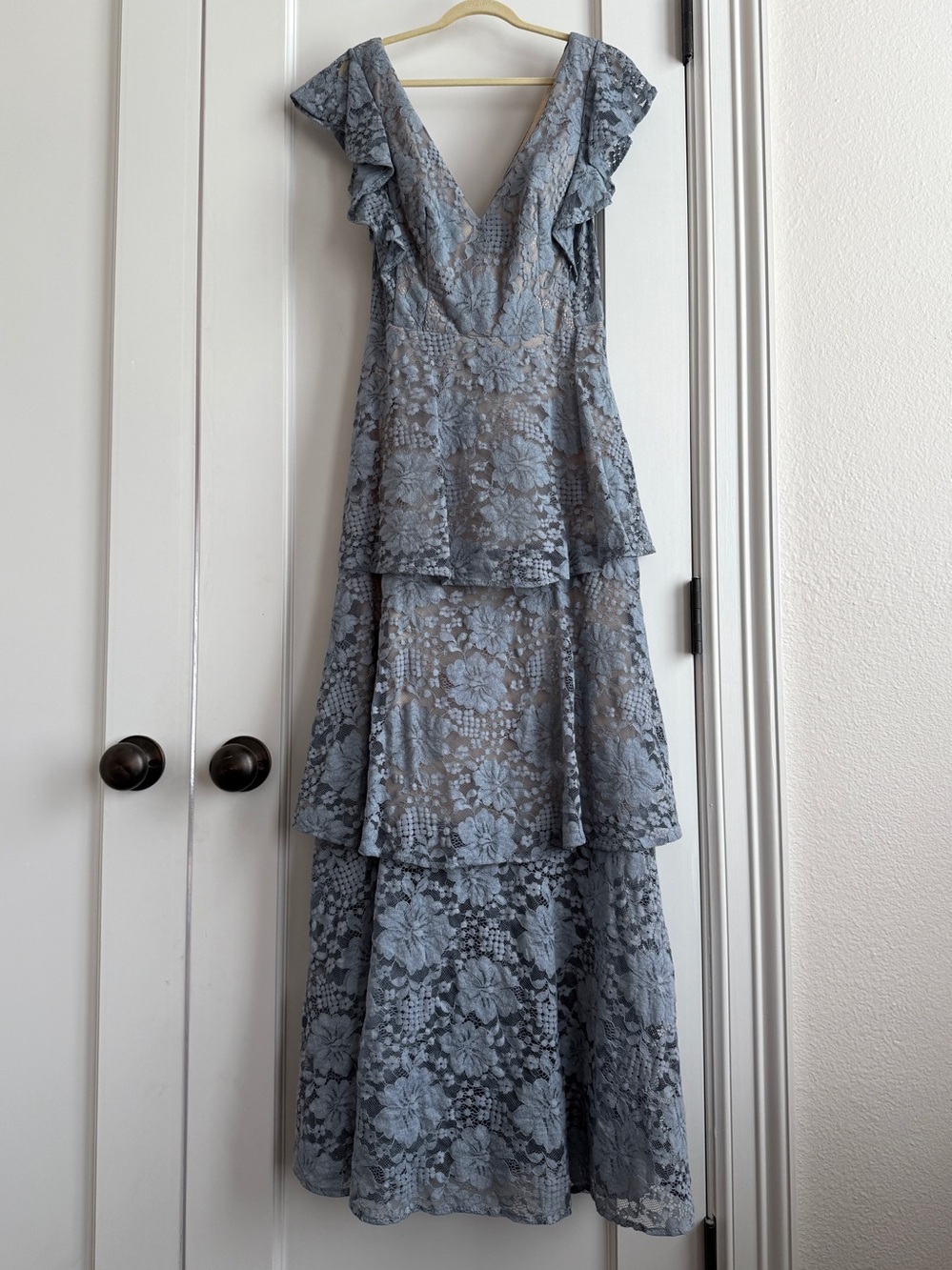 Soieblu Dusty Blue Lace Tiered V-Neck Maxi Dress